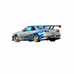 Imagem do Nissan GTR Skyline 1999, destacando seu design esportivo com detalhes em azul e rodas estilizadas. Inclui ilustrações do carro vistas de diferentes ângulos, ressaltando características icônicas e desempenho. Informações sobre sua história e especificações aparecem na parte inferior.