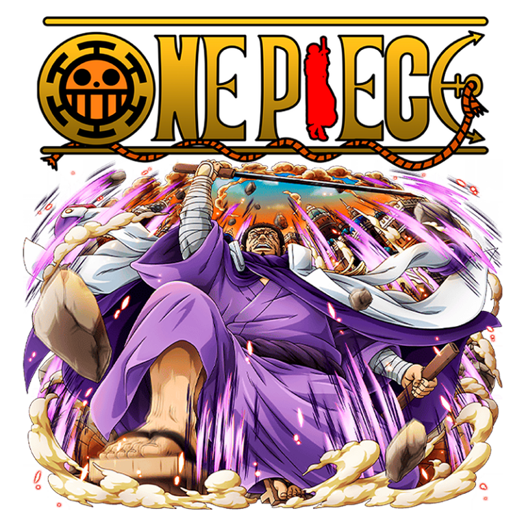 Personagem de "One Piece" em ação, vestindo um manto roxo e segurando um bastão, cercado por explosões e efeitos visuais dinâmicos. O fundo apresenta o logotipo da série, destacando a temática de aventura e combate.