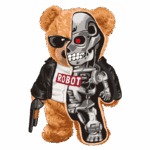 Urso de pelúcia estilizado com metade do corpo de um robô, usando um colete de couro e óculos escuros, segurando uma arma. Design criativo que combina elementos de brinquedo e ficção científica. Ideal para fãs de temas de ação e robótica.