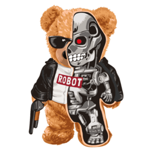 Urso de pelúcia estilizado com metade do corpo de um robô, usando um colete de couro e óculos escuros, segurando uma arma. Design criativo que combina elementos de brinquedo e ficção científica. Ideal para fãs de temas de ação e robótica.