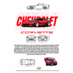 Imagem do Chevrolet Corvette C6, um carro esportivo produzido pela Chevrolet de 2005 a 2013, destacando seu design icônico e especificações técnicas. O Corvette C6 apresenta motor V8 com até 677 cavalos de potência, variantes como Z06 e ZR1, além de detalhes sobre seu layout e desempenho em corridas.