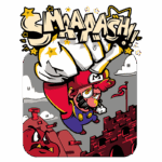 Imagem estilizada do personagem Mario saltando em um cenário de jogo, com um grande punho branco e o texto "SMASHA!" em destaque. O fundo apresenta nuvens e um castelo, evocando a estética dos jogos clássicos da Nintendo.