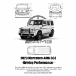 Mercedes-AMG G63 2023 em destaque, com ilustrações detalhadas do veículo e informações sobre seu desempenho excepcional. Ideal para entusiastas de automóveis e amantes da marca.