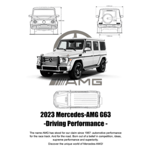 Mercedes-AMG G63 2023 em destaque, com ilustrações detalhadas do veículo e informações sobre seu desempenho excepcional. Ideal para entusiastas de automóveis e amantes da marca.