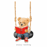 Urso de pelúcia usando óculos e segurando um livro, sentado em um balanço feito de pneu. A imagem transmite uma mensagem de incentivo à leitura, com a frase "enjoy reading" abaixo.