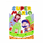 Ilustração colorida de Super Mario com Mario e Princesa Peach em um cenário de jogo icônico, apresentando elementos como colinas verdes, blocos POW e detalhes vibrantes, ideal para fãs de videogames.