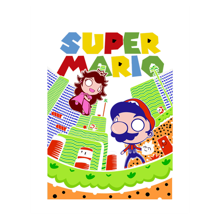 Ilustração colorida de Super Mario com Mario e Princesa Peach em um cenário de jogo icônico, apresentando elementos como colinas verdes, blocos POW e detalhes vibrantes, ideal para fãs de videogames.