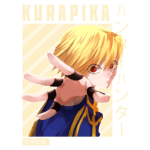 Ilustração de Kurapika, personagem de "Hunter x Hunter", com cabelos loiros e olhos vermelhos, estendendo a mão em um gesto expressivo. O fundo apresenta linhas diagonais em tons claros, enquanto o nome "KURAPIKA" está em destaque na parte superior da imagem.