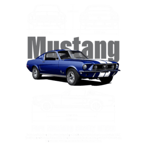 Ford Mustang Shelby GT350 azul com listras brancas, exibido em várias vistas técnicas. O modelo é um ícone dos carros esportivos, com 4,739 mm de comprimento e 2,743 mm de largura, destacando seu design clássico e desempenho potente.