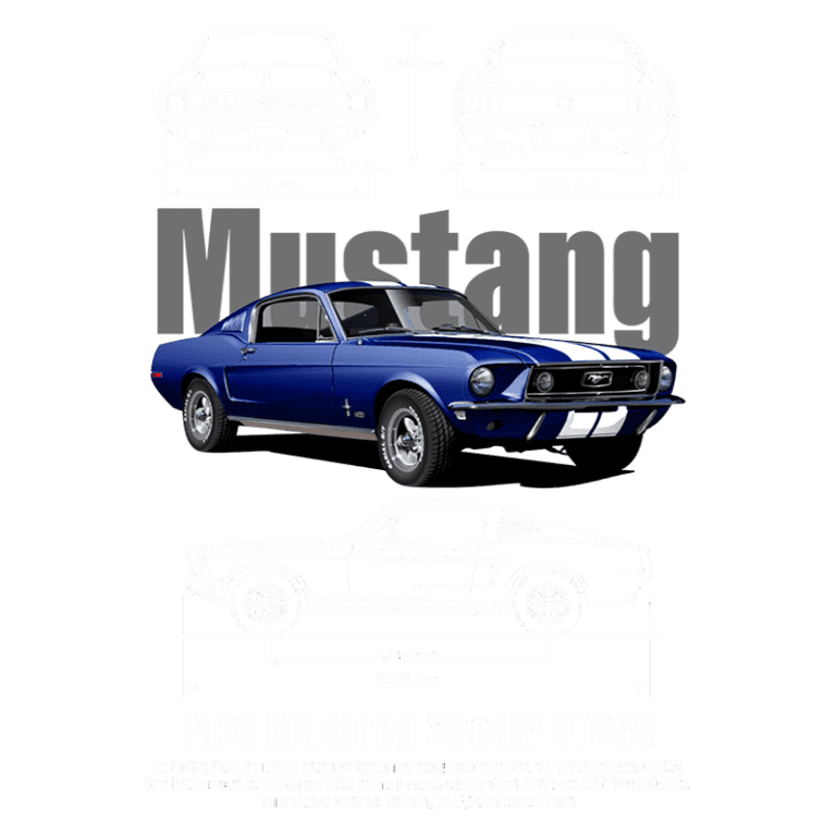 Ford Mustang Shelby GT350 azul com listras brancas, exibido em várias vistas técnicas. O modelo é um ícone dos carros esportivos, com 4,739 mm de comprimento e 2,743 mm de largura, destacando seu design clássico e desempenho potente.
