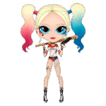 Personagem estilizado da Harley Quinn, com cabelo em duas cores (rosa e azul), segurando um bastão e vestindo uma camiseta com a frase "Daddy's Lil Monster", calças de rede e tênis. Fundo verde.