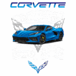 Imagem de um Chevrolet Corvette C8 azul, exibindo o design esportivo e moderno do carro. Ao fundo, contornos de diferentes ângulos do Corvette, destacando sua estética aerodinâmica e características inovadoras. O logotipo do Corvette está presente na parte superior, enfatizando a marca icônica.