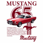Imagem de um Ford Mustang 1965 vermelho conversível, destacando seu design elegante e esportivo, com listras brancas na capota e detalhes vintage. O texto ao fundo fala sobre as opções de personalização e a variedade de motores disponíveis para esse modelo icônico.