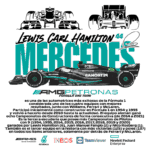 Imagem do carro de Fórmula 1 Mercedes com o piloto Lewis Hamilton, destacando sua carreira vencedora e conquistas. O design inclui elementos do logotipo da equipe AMG Petronas e informações sobre os campeonatos ganhos.