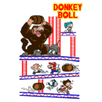 Imagem do jogo "Donkey Boll", apresentando um gorila segurando um barril, enquanto personagens icônicos, incluindo Mario, correm e se esquivam de obstáculos em uma plataforma com escadas vermelhas. Vibrante e divertido, o design remete aos clássicos jogos de plataforma.
