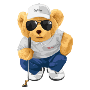 Urso de pelúcia vestido de golfista, usando óculos escuros e boné, segurando um taco de golfe, enfeitando um visual divertido e esportivo.