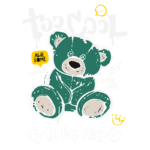 Desenho de um urso de pelúcia azul, animado e estilizado, com textos coloridos ao redor que dizem "Super Cool", "Awesome" e "To Be Me". O design é voltado para atrair crianças e adolescentes, trazendo uma estética divertida e jovem.