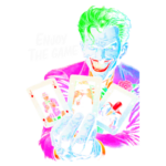 Imagem colorida do Coringa segurando cartas de baralho, com expressão maliciosa e um sorriso amplo. As cartas exibem figuras de personagens de baralho, destacando a temática de jogos e a personalidade caótica do personagem.