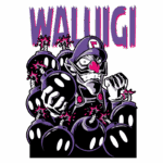 Personagem Waluigi cercado por várias bombas com fusíveis acesos, expressando uma atitude ameaçadora. Design estilizado e colorido, destacando a figura e o nome "Waluigi" em um fundo vibrante.