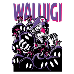 Personagem Waluigi cercado por várias bombas com fusíveis acesos, expressando uma atitude ameaçadora. Design estilizado e colorido, destacando a figura e o nome "Waluigi" em um fundo vibrante.