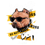 Ilustração de um cachorro pit bull com óculos escuros, usando uma corrente, em destaque com frases de alerta em amarelo e preto, transmitindo a mensagem de "Cuidado, não atravesse".