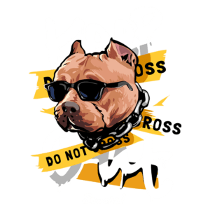 Ilustração de um cachorro pit bull com óculos escuros, usando uma corrente, em destaque com frases de alerta em amarelo e preto, transmitindo a mensagem de "Cuidado, não atravesse".