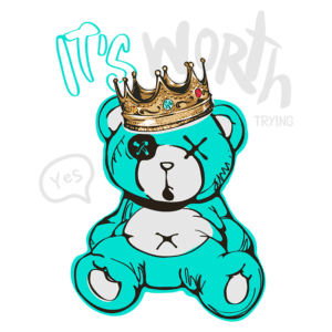 Urso azul estilizado com uma coroa dourada, apresentando a frase "It's worth trying" e um balão de fala com a palavra "Yes". Ideal para temas de motivação e positividade.