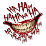 Ilustração de um sorriso amplo e macabro com dentes afiados, cercado por várias repetições da palavra "HA" em estilo gráfico, evocando uma sensação de humor sombrio ou ironia.