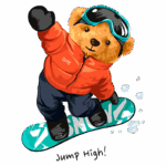 Urso fofo praticando snowboard, vestido com um casaco laranja e óculos de proteção, realizando um salto em uma prancha colorida com a palavra "SNOW". Ideal para temas de inverno e esportes radicais.