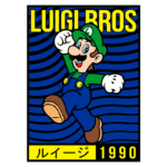Imagem do personagem Luigi dos videogames, com a inscrição "LUIGI BROS" e a data "1990". Luigi está sorrindo e com um braço levantado em um fundo azul com listras. Ele usa um boné verde com o símbolo "L" e um macacão azul.
