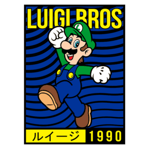 Imagem do personagem Luigi dos videogames, com a inscrição "LUIGI BROS" e a data "1990". Luigi está sorrindo e com um braço levantado em um fundo azul com listras. Ele usa um boné verde com o símbolo "L" e um macacão azul.