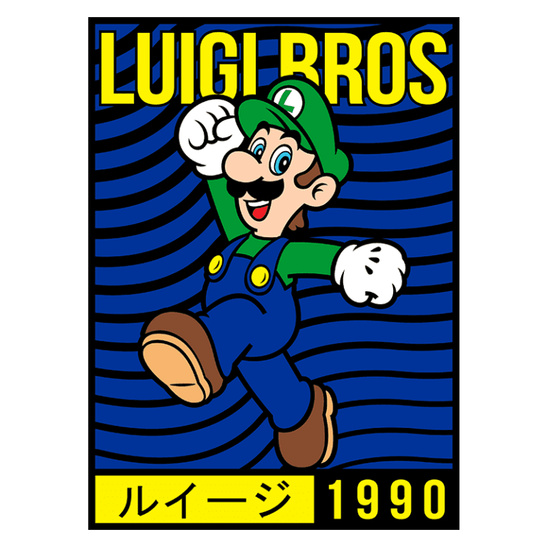 Imagem do personagem Luigi dos videogames, com a inscrição "LUIGI BROS" e a data "1990". Luigi está sorrindo e com um braço levantado em um fundo azul com listras. Ele usa um boné verde com o símbolo "L" e um macacão azul.