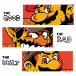 Ilustração estilizada de três personagens inspirados em jogos clássicos, representando "O Bom", "O Mau" e "O Feio", com expressões faciais distintas e cores vibrantes.