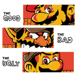 Ilustração estilizada de três personagens inspirados em jogos clássicos, representando "O Bom", "O Mau" e "O Feio", com expressões faciais distintas e cores vibrantes.