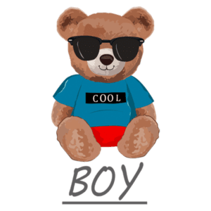 Ursinho de pelúcia estiloso usando óculos escuros e camiseta azul com a palavra "COOL", sentado em uma superfície com a palavra "BOY" abaixo. Ideal para decoração infantil ou produtos voltados para meninos.