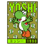 Yoshi, personagem icônico da Nintendo, destacado em um fundo com ovos verdes. O design inclui o nome "YOSHI" em letras grandes e data de 1990. Ideal para fãs de jogos clássicos.