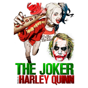 Imagem ilustrativa do Coringa e Harley Quinn, personagens icônicos da DC Comics. Harley Quinn segura um bastão com a inscrição "Good Night", enquanto exibe um sorriso divertido. O Coringa aparece ao lado, com seu rosto pintado e expressão maquiavélica. Texto em destaque: "THE JOKER" e "HARLEY QUINN".
