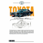Ilustração do Toyota Corona de 1970, um carro compacto produzido pela Toyota entre 1957 e 2002, destacando seu design de dois portas e aparência esportiva, com dimensões e características técnicas.