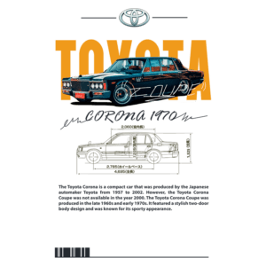 Ilustração do Toyota Corona de 1970, um carro compacto produzido pela Toyota entre 1957 e 2002, destacando seu design de dois portas e aparência esportiva, com dimensões e características técnicas.