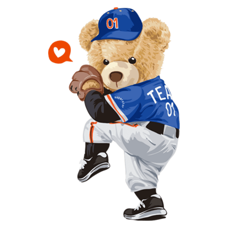 Urso fofo vestido de jogador de baseball, usando um boné azul com o número 01 e segurando uma luva de baseball, em uma pose de arremesso, com um ícone de coração ao lado.