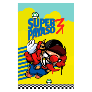 Capa do jogo "Super Payaso 3", apresentando um personagem de palhaço estilizado, com cabelo vermelho e chifres, em um fundo amarelo vibrante com elementos gráficos de jogos clássicos.