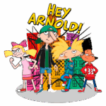 Personagens principais da série animada "Hey Arnold!", incluindo Arnold, Helga, Gerald e outros, em um fundo colorido representando a cidade.