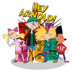 Personagens principais da série animada "Hey Arnold!", incluindo Arnold, Helga, Gerald e outros, em um fundo colorido representando a cidade.