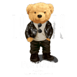 Ursinho estilizado com jaqueta de couro e óculos escuros, representando Portland, Oregon. Design moderno com as coordenadas geográficas e o ano 1979. Ideal para decoração e produtos temáticos.