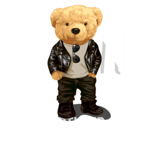 Ursinho estilizado com jaqueta de couro e óculos escuros, representando Portland, Oregon. Design moderno com as coordenadas geográficas e o ano 1979. Ideal para decoração e produtos temáticos.