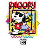 Snoopy animado usando óculos escuros e camiseta vermelha com um coração, ao lado de Woodstock, em um fundo colorido e vibrante com elementos gráficos dos anos 90.