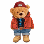 Urso vestido de forma estilosa, usando uma jaqueta vermelha, camiseta preta, óculos escuros e boné, calças jeans e botas, com um fundo verde. Ideal para decoração infantil e produtos de moda.