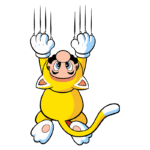 Mario vestindo um traje amarelo de gato, pendurado com garras afiadas, em um fundo verde.