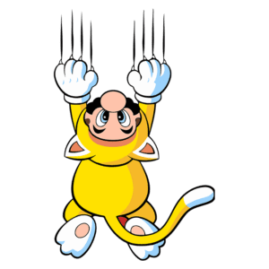 Mario vestindo um traje amarelo de gato, pendurado com garras afiadas, em um fundo verde.