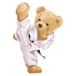 Urso de pelúcia vestido de karatê, executando um golpe de perna em um fundo verde.